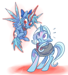 Size: 651x714 | Tagged: dead source, safe, artist:modern-warmare, trixie, alicorn, pony, g4, alicorn amulet, cirno, cloak, clothes, corrupted, crossover, duo, ears back, frown, glowing eyes, glowing horn, horn, now you fucked up, open mouth, ponified, scared, simple background, smiling, this will end in nuclear winter, touhou, white background, wide eyes