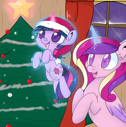 Size: 950x960 | Tagged: safe, artist:lustrous-dreams, princess cadance, twilight sparkle, alicorn, pony, unicorn, ask filly twilight, g4, christmas, christmas tree, cute, cutedance, female, filly, hat, holiday, mare, santa hat, tree, twiabetes