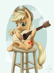 Size: 2249x3000 | Tagged: safe, artist:steffy-beff, applejack, earth pony, pony, g4, acoustic guitar, chair, female, guitar, mare, musical instrument, sitting, solo