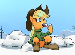 Size: 900x669 | Tagged: safe, artist:gsphere, applejack, pony, g4, boots, clothes, hoof boots, silly, silly pony, snow, snowball, sweater, who's a silly pony