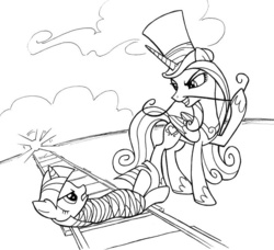 Size: 801x730 | Tagged: safe, artist:sovwi, queen chrysalis, twilight sparkle, alicorn, changeling, pony, g4, bondage, dastardly whiplash, disguise, disguised changeling, fake cadance, female, imminent decapitation, lineart, mare, monochrome, moustache, on back, peril, rope, tied to tracks, tied up, train tracks, unsexy bondage, vaudeville