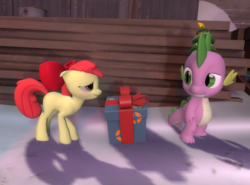 Size: 1008x746 | Tagged: safe, artist:pika-robo, apple bloom, spike, dragon, pony, g4, 3d, blushing, female, gmod, male, mare, present, ship:spikebloom, shipping, straight, team fortress 2