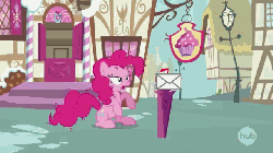 Size: 640x360 | Tagged: safe, edit, edited screencap, screencap, pinkie pie, earth pony, pony, g4, wonderbolts academy, animated, bipedal, bipedal leaning, eyes closed, female, floppy ears, frown, gritted teeth, hub logo, leaning, lidded eyes, mare, messy mane, reddit, sad, solo
