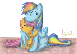 Size: 2332x1632 | Tagged: safe, artist:patoriotto, rainbow dash, scootaloo, pegasus, pony, g4, cute, duo, duo female, eyes closed, female, filly, foal, happy, hug, mare, scootalove, signature, simple background, sitting, traditional art, white background, winghug