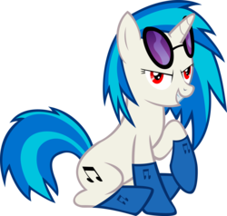 Size: 7209x6866 | Tagged: safe, artist:goldenacorn93, dj pon-3, vinyl scratch, pony, unicorn, g4, absurd resolution, adobe imageready, clothes, cutie mark, female, grin, hooves, horn, looking at you, mare, simple background, sitting, smiling, socks, solo, sunglasses, teeth, transparent background