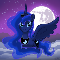 Size: 1204x1195 | Tagged: safe, artist:sophiesplushies, princess luna, alicorn, pony, g4, concave belly, crown, ethereal mane, ethereal tail, female, jewelry, long mane, mare, moon, peytral, regalia, slender, solo, spread wings, tail, thin, wings