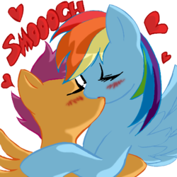 Size: 945x945 | Tagged: safe, artist:megasweet, rainbow dash, scootaloo, pegasus, pony, g4, blushing, duo, duo female, eyes closed, female, floating heart, heart, kiss on the lips, kissing, lesbian, making out, mare on filly, pseudoincest, rainbow dash is a foal fiddler, scootalove, ship:scootadash, shipping, smooch