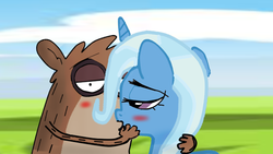 Size: 640x360 | Tagged: safe, artist:kaiamurosesei, trixie, g4, crossover, crossover shipping, kissing, male, regular show, rigby (regular show), shipping, trixby