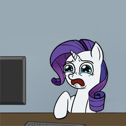 Size: 1160x1160 | Tagged: artist needed, dead source, safe, rarity, pony, unicorn, biporarity, g4, computer, crying, cute, female, mare, raribetes, reaction image, sad, sadorable, snot, solo, why