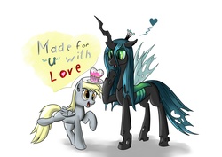 Size: 3507x2480 | Tagged: safe, artist:osakaoji, derpy hooves, queen chrysalis, changeling, changeling queen, pegasus, pony, g4, duo, female, heart, lesbian, mare, shipping