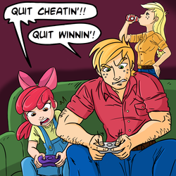 Size: 945x945 | Tagged: source needed, safe, artist:megasweet, artist:rustydooks, apple bloom, applejack, big macintosh, human, g4, controller, dialogue, drinking, eyebrows, eyebrows visible through hair, female, humanized, male, siblings, speech bubble, video game