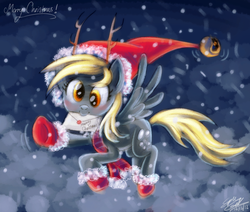 Size: 800x678 | Tagged: safe, artist:sophiesplushies, derpy hooves, pegasus, pony, g4, antlers, blushing, christmas, clothes, female, hat, letter, looking at you, mare, santa hat, scarf, snow, snowfall, socks, solo, waving