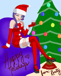 Size: 500x620 | Tagged: safe, artist:danteskitten, rarity, human, g4, christmas, clothes, evening gloves, hat, humanized, santa costume, santa hat, skinny, solo, stockings, thin, wine