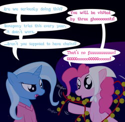 Size: 3000x2941 | Tagged: safe, artist:dazed-and-wandering, pinkie pie, trixie, earth pony, pony, unicorn, g4, a christmas carol, clothes, comic, duo, jacob marley, nightgown, one-panel comic, pajamas