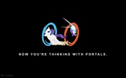Size: 1440x900 | Tagged: artist needed, source needed, safe, rarity, pony, g4, black background, female, now you're thinking with portals, portal, portal (valve), portals, rariquest, rarity being dragged to her destiny, simple background, solo, wallpaper