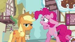 Size: 640x360 | Tagged: safe, screencap, applejack, pinkie pie, g4, wonderbolts academy, applejack is not amused, fourth wall, hub logo, unamused