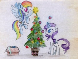 Size: 1323x1005 | Tagged: safe, artist:eljonek, rainbow dash, rarity, pegasus, pony, unicorn, g4, box, christmas tree, female, glowing horn, horn, magic, toy, traditional art, tree