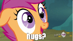 Size: 576x324 | Tagged: safe, edit, edited screencap, screencap, scootaloo, pony, g4, sleepless in ponyville, animated, bronybait, cute, cutealoo, excited, female, happy, hub logo, hug, hug request, solo