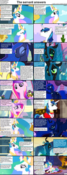 Size: 1282x3304 | Tagged: safe, princess cadance, princess celestia, princess luna, queen chrysalis, shining armor, alicorn, changeling, changeling queen, pony, unicorn, comic:celestia's servant interview, g4, caption, comic, interview