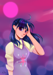 Size: 2480x3507 | Tagged: safe, artist:tunna10, twilight sparkle, human, g4, abstract background, clothes, cutie mark on clothes, female, high res, humanized, solo