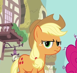 Size: 793x757 | Tagged: safe, screencap, applejack, pinkie pie, g4, wonderbolts academy, applejack is not amused, cropped, fourth wall, unamused