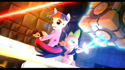 Size: 1366x768 | Tagged: safe, artist:illu-mint, spike, twilight sparkle, g4, portal (valve), portal gun