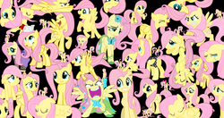 Size: 4276x2252 | Tagged: dead source, safe, artist:snowsong-kitteh, fluttershy, chicken, pegasus, pony, g4, baby, bow, clothes, collage, dress, filly, fluttercry, flutterrage, gala dress, multeity, so much flutter, wallpaper