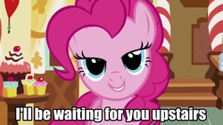 Size: 640x360 | Tagged: source needed, safe, edit, edited screencap, screencap, pinkie pie, earth pony, pony, g4, bedroom eyes, bronybait, caption, female, flirtie pie, flirting, i'll be waiting for you upstairs, image macro, looking at you, mare, solo