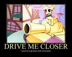Size: 750x600 | Tagged: safe, fluttershy, tank, pegasus, pony, g4, cute, drive me closer, female, hat, hug, mare, motivator, mouth hold, shyabetes, smiling, solo, sword, tank (vehicle), text, warhammer (game), warhammer 40k