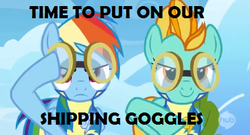 Size: 410x222 | Tagged: safe, edit, edited screencap, screencap, lightning dust, rainbow dash, pegasus, pony, g4, wonderbolts academy, duo, female, goggles, image macro, mare, wonderbolt trainee uniform