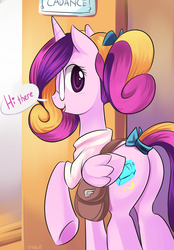 Size: 580x831 | Tagged: safe, artist:ende26, princess cadance, alicorn, pony, g4, butt, cute, cutedance, female, glasses, high school cadance, looking at you, looking back, lovebutt, plot, saddle bag, solo, teen princess cadance, younger