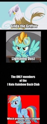 Size: 450x1188 | Tagged: safe, gilda, lightning dust, rainbow dash, griffon, pegasus, pony, g4, antagonist, looking at you, rainbow dash is best facemaker, rainbow dash's counterparts, smiling, smiling at you, smirk, text