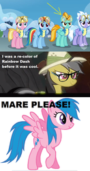 Size: 500x946 | Tagged: safe, edit, edited screencap, screencap, cloudchaser, daring do, firefly, lightning dust, meadow flower, rainbow dash, g1, g4, my little pony: friendship is magic, wonderbolts academy, before it was cool, bitch please, g1 to g4, generation leap, hipster, recolor, wonderbolt trainee uniform