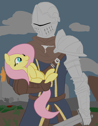 Size: 1132x1451 | Tagged: dead source, safe, artist:fribox, fluttershy, human, pegasus, pony, g4, armor, crossover, dark souls, duo, female, knight, mare, sword, weapon