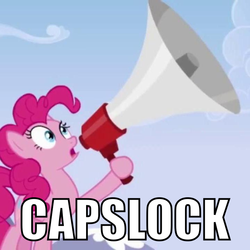 Size: 720x720 | Tagged: safe, pinkie pie, g4, wonderbolts academy, caps lock, caption, image macro