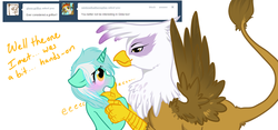 Size: 1280x597 | Tagged: safe, artist:azure-doodle, gilda, lyra heartstrings, griffon, pony, g4, ask, blushing, crack shipping, dialogue, female, gilyra, hand, lesbian, mare, sexually confused lyra, shipping, simple background, tumblr, white background