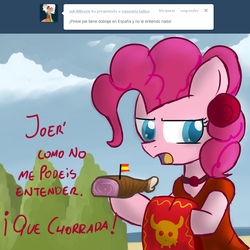 Size: 900x900 | Tagged: safe, discord, pinkie pie, g4, ask, bullfighting, capote, carmen, castellano, clothes, comic, dialogue, dress, equestria-latina, eris, fiesta, flag, flamenco, ham, neckband, ponies eating meat, rule 63, spain, spanish, torero, translated in the comments, tumblr