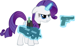 Size: 1346x825 | Tagged: safe, artist:totallynotabronyfim, rarity, pony, unicorn, g4, clothes, female, five-seven, floppy ears, gun, handgun, levitation, magic, mare, p90, pistol, simple background, solo, submachinegun, telekinesis, transparent background, vest