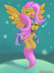 Size: 3595x4897 | Tagged: safe, artist:crombiettw, fluttershy, g4, bard, clothes, eyes closed, flying, full body, open mouth, singing, solo, spread wings, wings
