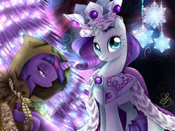 Size: 2000x1500 | Tagged: safe, artist:daughter-of-fantasy, clover the clever, princess platinum, rarity, twilight sparkle, pony, unicorn, g4, christmas tree, female, mare, snow, snowflake, tree