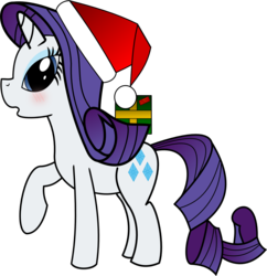 Size: 1279x1322 | Tagged: safe, artist:dbapplejack, rarity, pony, unicorn, g4, blushing, christmas, female, hat, holding a present, present, santa hat, simple background, solo, transparent background, vector