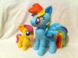 Size: 1339x1000 | Tagged: safe, artist:planetplush, rainbow dash, scootaloo, pegasus, pony, g4, female, filly, foal, irl, mare, photo, plushie, rainbow dash plushie, scootaloo plushie, smiling, spread wings, wings