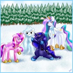 Size: 1200x1200 | Tagged: dead source, safe, artist:fatcakes, princess cadance, princess celestia, princess luna, alicorn, pony, g4, ..., alicorn triarchy, celestia is not amused, clothes, female, mare, princess luna is amused, scarf, snow, snowfall, snowpony, this will end in tears and/or a journey to the moon, varying degrees of amusement