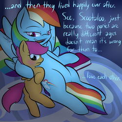 Size: 800x800 | Tagged: safe, artist:lamia, rainbow dash, scootaloo, pegasus, pony, g4, blushing, book, butt, female, filly, foal, implied foalcon, lesbian, lip bite, mare, plot, ship:scootadash, shipping, wingboner