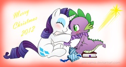 Size: 2841x1525 | Tagged: safe, artist:pia-sama, rarity, spike, pony, unicorn, g4, blushing, book, christmas, clothes, female, male, mare, present, scarf, ship:sparity, shipping, smiling, straight