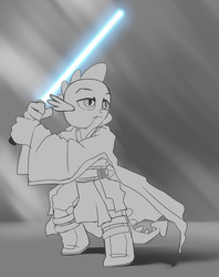 Size: 791x1000 | Tagged: safe, artist:mew, spike, dragon, g4, anakin skywalker, claws, crossover, energy weapon, fangs, lightsaber, male, solo, star wars, weapon