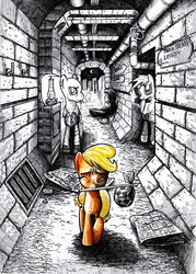 Size: 3486x4881 | Tagged: safe, artist:smellslikebeer, applejack, oc, g4, crosshatch, denial, eyes closed, filly, ink, it's coming right at us, manehattan, mouth hold, partial color, scared, traditional art