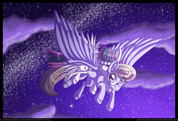 Size: 900x612 | Tagged: safe, artist:inuhoshi-to-darkpen, blossomforth, cloud kicker, fanfic:the life and times of a winning pony, winningverse, g4, blossomforth riding cloud kicker, cloudforth, ear fluff, female, flying, lesbian, night, ponies riding ponies, riding, shipping, unshorn fetlocks