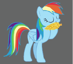 Size: 270x235 | Tagged: safe, rainbow dash, pegasus, pony, g4, the crystal empire, animated, corn, cute, dashabetes, eating, eyes closed, female, gray background, herbivore, hoof hold, mare, open mouth, simple background, smiling, solo
