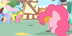 Size: 1599x803 | Tagged: safe, screencap, cloud kicker, fluttershy, lyra heartstrings, minuette, pinkie pie, g4, griffon the brush off, my little pony: friendship is magic, season 1, wat